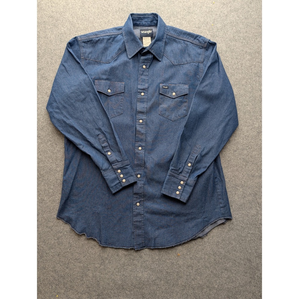 Wrangler Mens Blue Denim Western Pearl Snap Shirt XLT Tall MS7011D Long Sleeve
